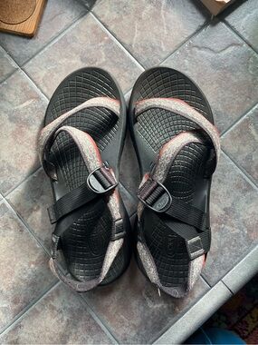 Chaco Black Sandals with Gray and Red Strap Accents